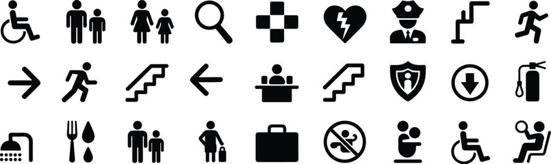 Universal Public Signage Icons for Accessibility, Safety, Navigation, Emergency Services, Hygiene, Family Assistance, and Facility Guidance in Public Spaces