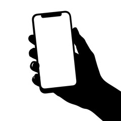 Silhouette of hand holding smartphone with blank screen