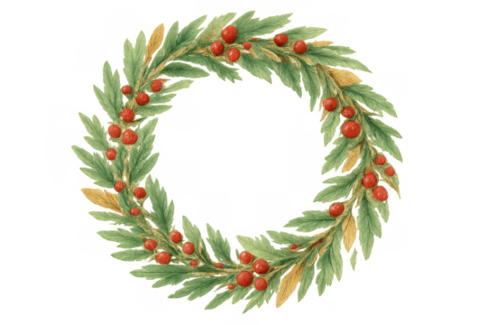 Christmas watercolor wreath decorated with red berries and green pine branches on transparent background
