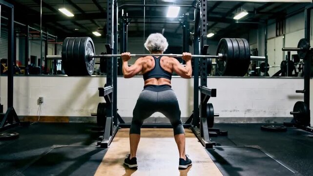 Strong senior woman with a muscular back lifting a heavy barbell in a gym. Rear view of an older athlete performing a squat workout. Fitness, determination, and healthy aging concept