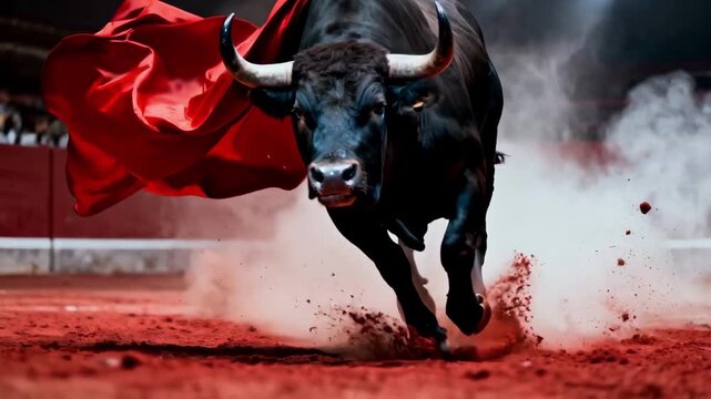A powerful black bull with a red cape charges in slow motion. The aggressive animal kicks up dust in a bullfighting arena. Concept of strength, danger, and Spanish tradition