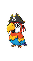 Fototapeta premium Cartoon parrot dressed as a pirate with a pirate hat featuring a skull and crossbones stands on a white background.