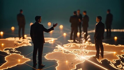 Businessmen observing a glowing global network on a world map. Animated connections represent international strategy and technology. Corporate globalization and connectivity concept - Powered by Adobe