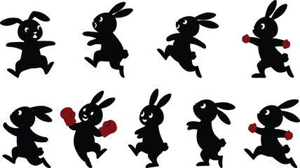 Boxing rabbit silhouette vector set with dynamic poses, playful bunny illustration for sport, cartoon, animal, motion, and energetic themes