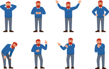 Cartoon man expressing emotions through body language, vector illustration of stress, surprise, confidence, fatigue, and communication gestures