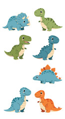 Fototapeta premium A collection of cute cartoon dinosaur illustrations on a white background, perfect for children's designs and educational materials.