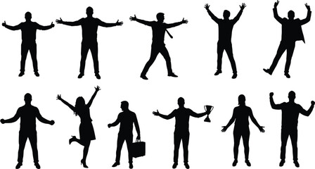 Celebration silhouette vector set with triumphant poses, success gestures for business, motivation, achievement, leadership, victory, and professional themes
