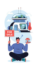 Naklejka premium Man ponders buying a futuristic house while holding a for sale sign and a miniature home.