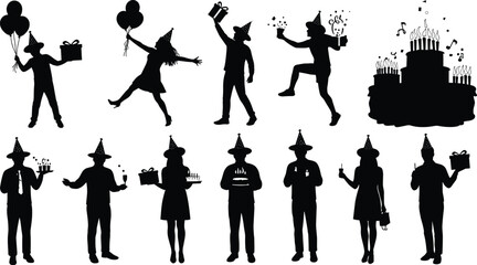 Silhouette of people celebrating birthday party, holding balloons, gifts, drinks, cake, festive event vector illustration, happy celebration design concept