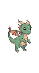 Obraz premium Adorable cartoon dragon with green scales, standing and smiling, on a white background, perfect for fantasy and children's designs.