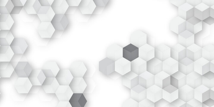 A subtle hexagon pattern background with interconnected shapes in soft gray and white. Simple abstract modern background White geometric hexagonal honeycomb shape texture background 3d copy space.	
