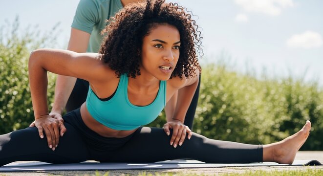 Young woman doing a split stretch with a personal trainer. Athletic female in a flexibility workout outdoors. Fitness and healthy lifestyle concept - Powered by Adobe