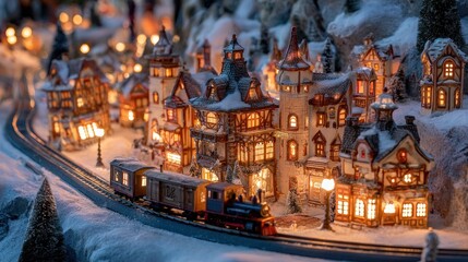 Detailed miniature christmas village with a train running through the snowy landscape