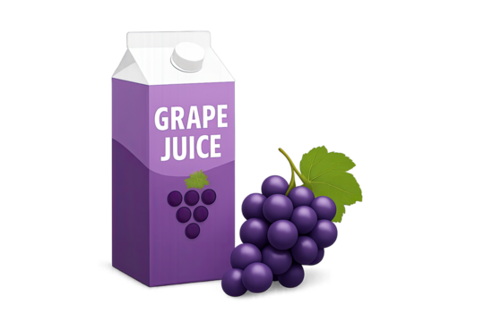 Vibrant purple grape juice carton with a bold, stylized grape cluster design, sitting alongside a fresh, luscious bunch of ripe purple grapes and a vibrant green leaf, all set against a subtly glowing