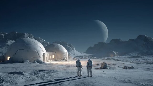 Exploration base stretches across frozen moon terrain with futuristic habitat domes. Earth rises beyond base. Science dome colony shelters astronaut crew. Future base grows through moon exploration