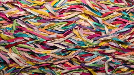 Brightly colored paper strips are arranged in a lively pattern showcasing an artistic display of colors and textures.