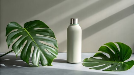 Minimalist still life of a white reusable water bottle with large green monstera leaves and natural light shadows