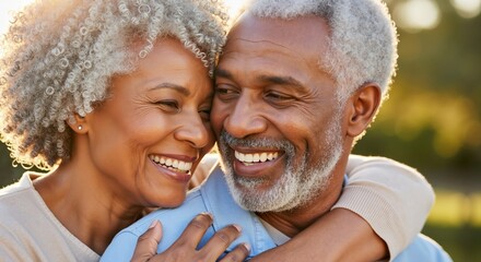 Happy senior African American couple in love embracing outdoors. Close-up portrait of a mature man and woman smiling together. Joyful retirement and companionship concept