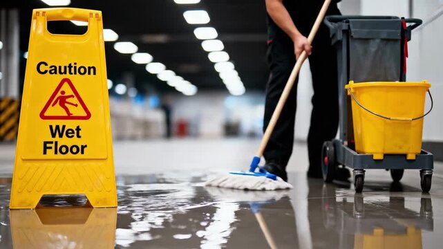 Janitor mopping a wet floor in a commercial building corridor. A yellow caution sign warns of the slippery surface. Professional cleaning services, maintenance, and workplace safety concept