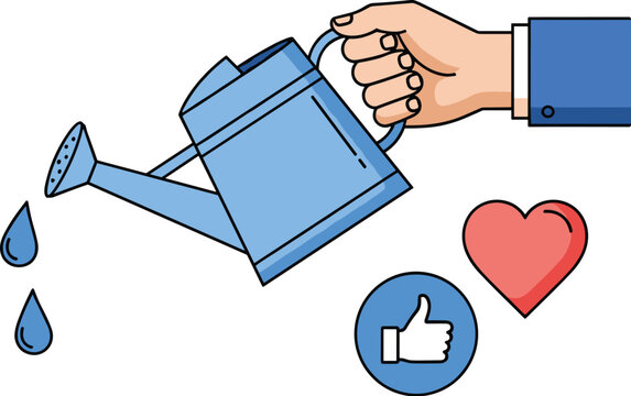 Hand Watering Social Media with Engagement and Likes – Nurturing Growth and Positive Interactions in Online Community, Modern Business Strategy, Relationship Building, Digital Marketing Tactics, Websi