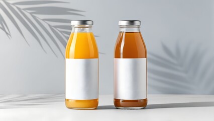 Two clear glass bottles of juice with blank white labels and silver caps casting palm leaf shadows
