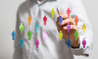 Concept of team work and business network with colorful human silhouettes connecting. Representing diversity and teamwork in a modern, inclusive