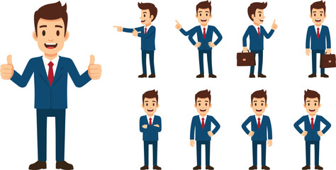 Cartoon vector set of businessman in blue suit with gestures, thumbs up, pointing, briefcase, crossed arms, standing poses