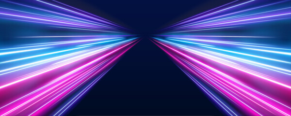 Panoramic high speed technology concept, light abstract background. Image of speed motion on the road. Abstract background in blue and purple neon glow colors.  © Ole moda