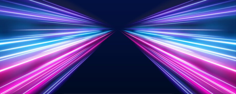 Panoramic high speed technology concept, light abstract background. Image of speed motion on the road. Abstract background in blue and purple neon glow colors.	
