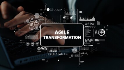 Hands Typing on Laptop with Overlayed Graphics Representing Agile Transformation in Business Environment. Asymptotic smart data analytic.