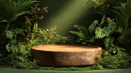 Wooden display platform surrounded by lush tropical plants product stage AI Generated