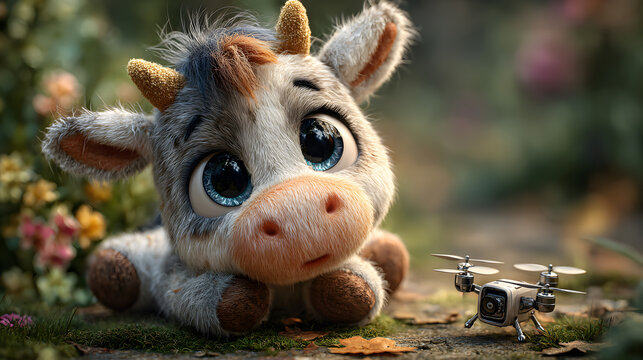 A cute 3D chibi unicorn playing with a small drone, symbolizing the mix of fantasy and technology. Adorable cartoon character with big eyes and playful expression, perfect for holiday designs, childre