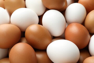 Many raw chicken eggs as background, closeup