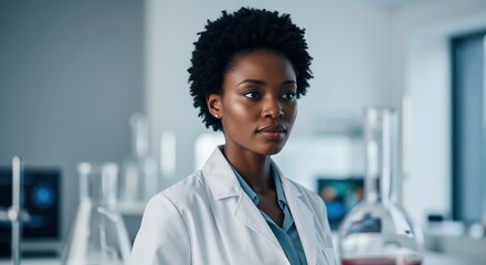 Portrait of a professional African American female scientist in a modern laboratory. Focused medical researcher working on innovation. Diversity in STEM concept
