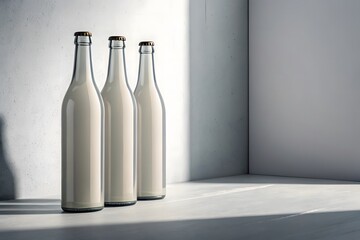 Three tall glass bottles filled with white liquid stand in a row on a light gray surface with soft natural light
