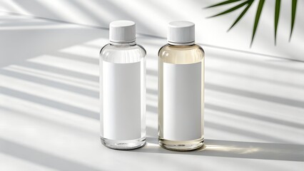 Two clear glass bottles with white caps and blank labels stand on a white surface with palm leaf shadows