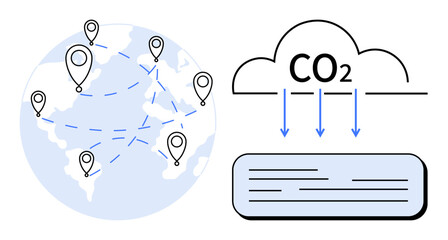 Globe marked with location pins, interconnected lines for emission tracking. CO2 cloud leads to lower emissions target. Ideal for sustainability, environment, climate change, global logistics