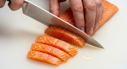 A chef slicing a fresh raw salmon fillet with a knife. Close-up of food preparation on a white cutting board. Healthy seafood and cooking concept
