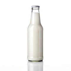 A clear glass bottle filled with fresh white milk isolated on a clean white background