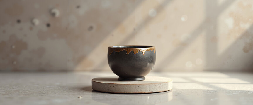Ceramic bowl with gold details on wooden stand in bright interior  
