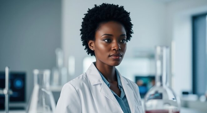 Portrait of a professional African American female scientist in a modern laboratory. Focused medical researcher working on innovation. Diversity in STEM concept