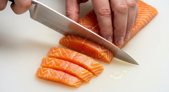 A chef slicing a fresh raw salmon fillet with a knife. Close-up of food preparation on a white cutting board. Healthy seafood and cooking concept
