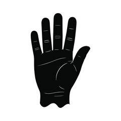 Black silhouette of an open human hand with fingers spread wide showing palm lines and creases on a white background.