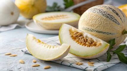 Freshly sliced cantaloupe melon and whole fruit displayed on a textured surface with green garnish