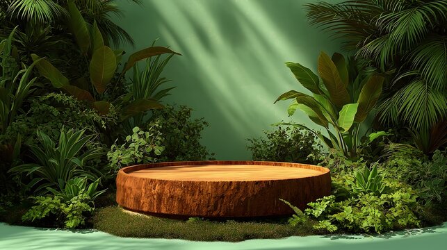Wooden podium surrounded by lush green plants and foliage stage for products AI Generated