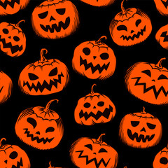 Scary halloween orange pumpkins seamless pattern for gift wrap or package. Trick or threat. Hand drawn engraved spooky vegetables