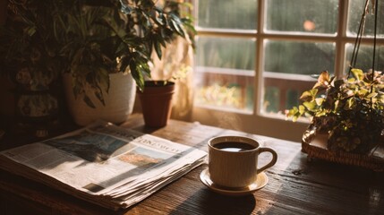 A warm cup of coffee sits next to a newspaper on a wooden table surrounded by plants and sunlight.