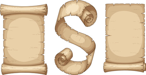 Ancient scroll letters forming ISI, vintage parchment texture, torn edges, fantasy theme, historical design, old paper art, stylized alphabet