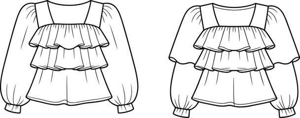 Vector fashion sketch of women’s blouse with square neckline, puff sleeves, gathered cuffs, tiered ruffles, fitted and voluminous variations