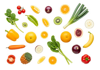 Colorful Assortment of Fresh Fruits and Vegetables on White Background 1.